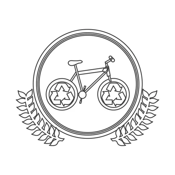 Círculo de silueta monocromo con rama de olivo decorativa y bicicleta con símbolo de reciclaje — Vector de stock