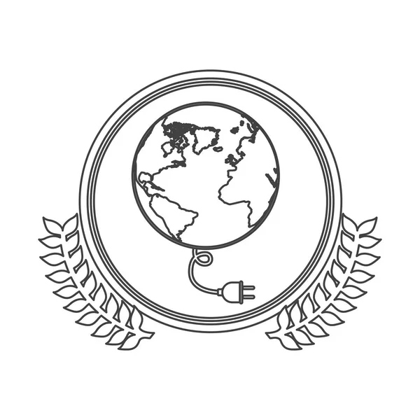 Cerchio silhouette monocromatica con ramo di ulivo decorativo e mappa del mondo e connettore — Vettoriale Stock