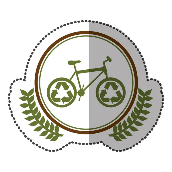 Medio adesivo ombra colorato con corona di ulivo con bicicletta con simbolo di riciclaggio in cerchio — Vettoriale Stock