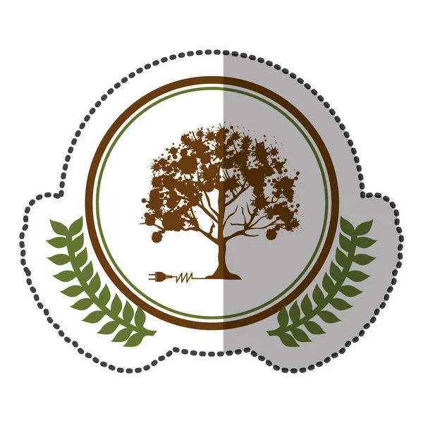 円のツリーおよびプラグ コネクタとオリーブの冠を持つカラフルな中間シャドウ ステッカー — ストックベクタ