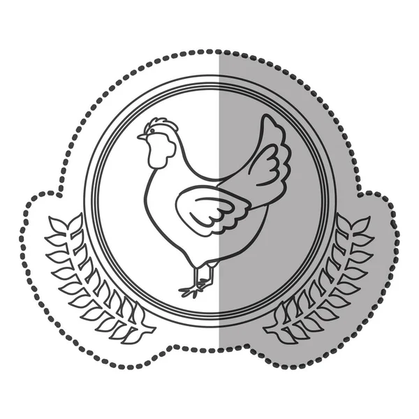 Adesivo ombra centrale monocromatico con corona di oliva con pollo in cerchio — Vettoriale Stock