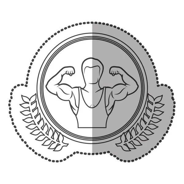 Etiqueta engomada media sombra monocromo con corona de olivo con medio cuerpo músculo hombre en círculo — Vector de stock