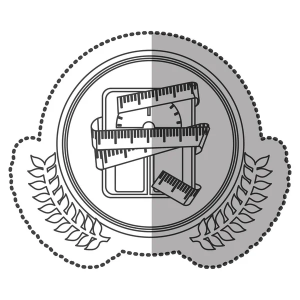 Pegatina media sombra monocromo con corona de olivo con escamas para el control del peso con cinta métrica alrededor en círculo — Vector de stock