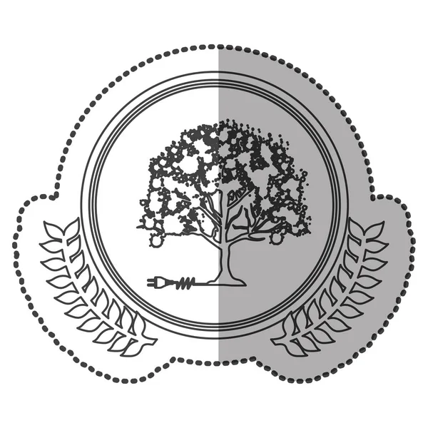 Milieu ombre autocollant monochrome avec couronne d'olivier avec arbre et connecteur en cercle — Image vectorielle