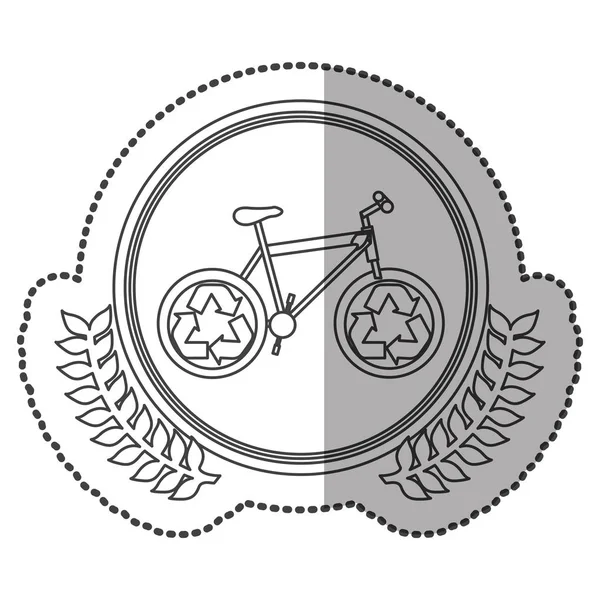 Etiqueta engomada media sombra monocromo con corona de olivo con bicicleta con símbolo de reciclaje en círculo — Vector de stock