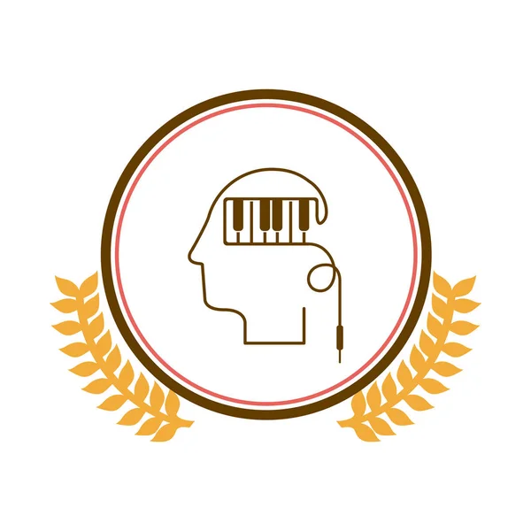 Arc de bordure circulaire avec feuilles et tête de silhouette avec touches piano — Image vectorielle