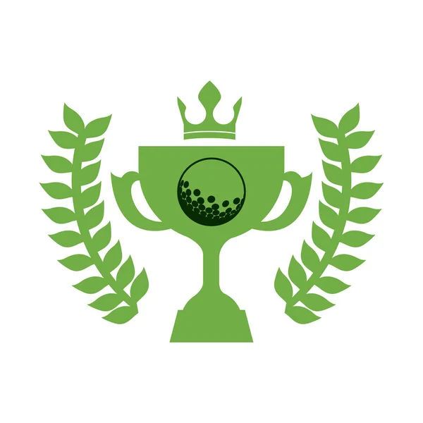 Silhouette monocromatica con ramoscelli di ulivo con coppa trofeo di golf e corona — Vettoriale Stock