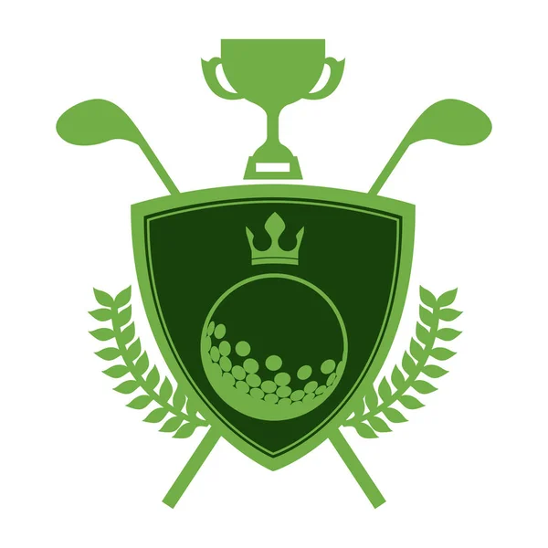 Zwart-wit schild met olijf branchs met golfbal met kroon en trofee cup en stokken — Stockvector