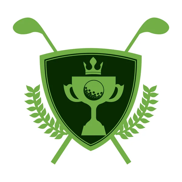 Monochrome shield with olive branchs with trophy cup of golf with crown and sticks — Stock Vector