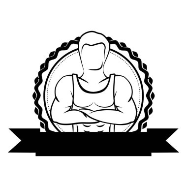 Black sticker border with muscle man crossed arms and label vector Black sticker border with muscle man crossed arms and label vector