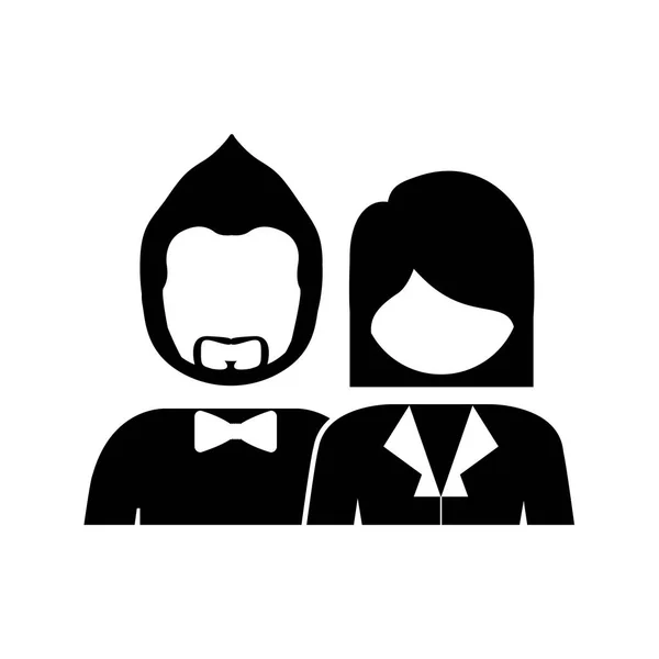 Monochrome silhouette with half body couple without face she short hair and him with beard and bow tie — Stock Vector