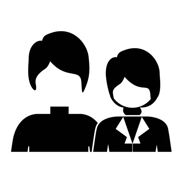 Silhouette monochrome avec couple demi-corps sans visage et les deux avec cheveux courts — Image vectorielle