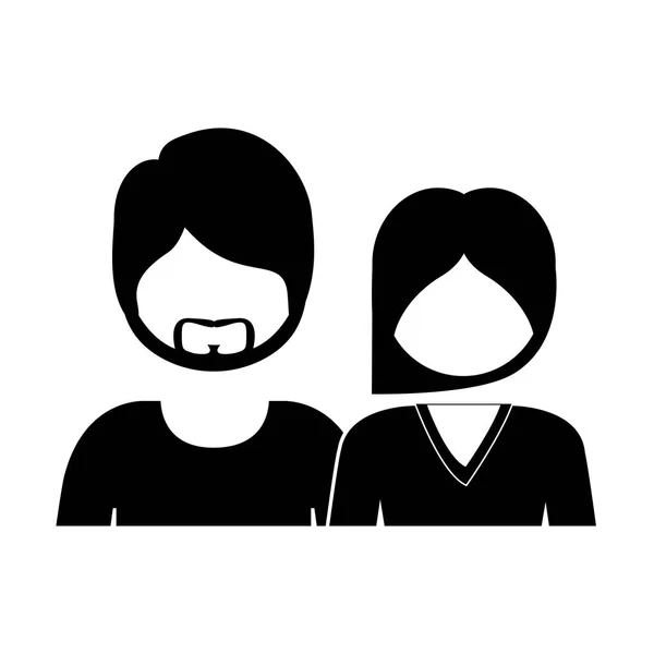 Silhouette monochrome avec couple demi-corps sans visage elle cheveux longs et lui avec barbe — Image vectorielle