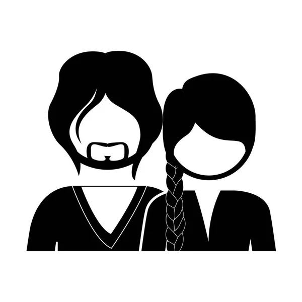 Monochrome silhouette with half body couple without face she braided hair and him with beard — Stock Vector