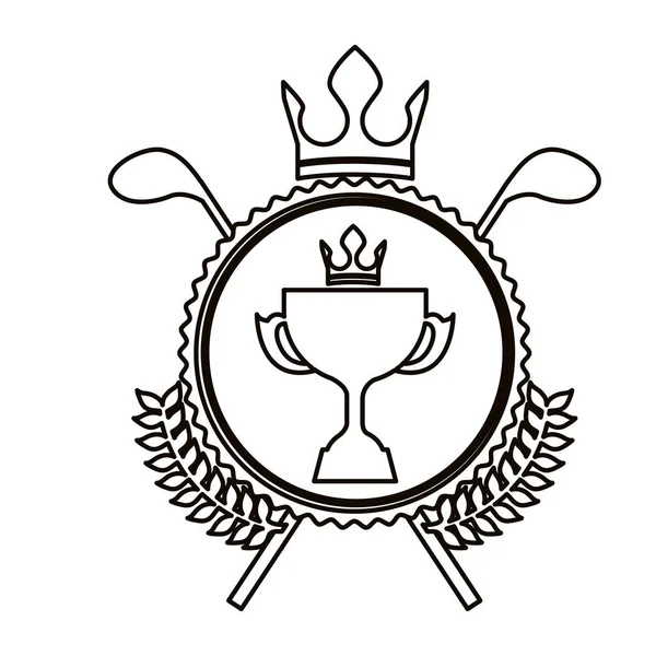 Sylwetka czarny z okrągłym godło z oliwek branchs kijami trofeum Pucharu i korony i golf — Wektor stockowy