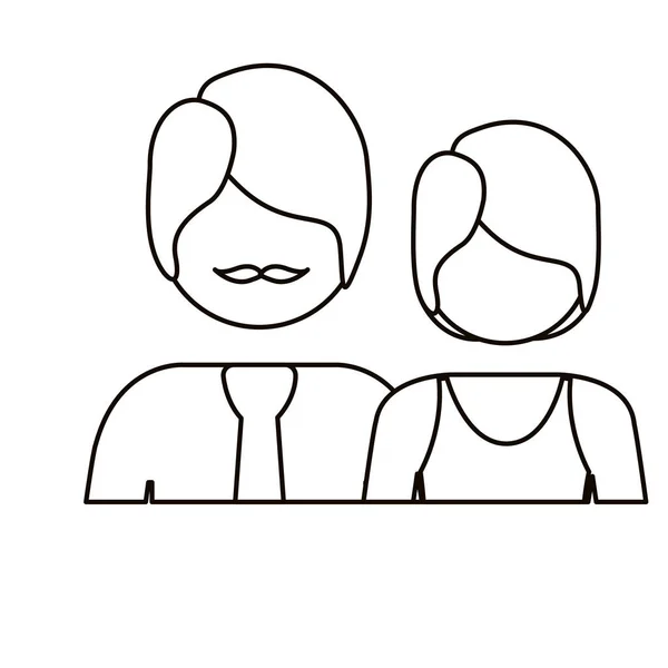 Contour monochrome avec couple demi-corps sans visage elle cheveux courts et lui avec moustache — Image vectorielle