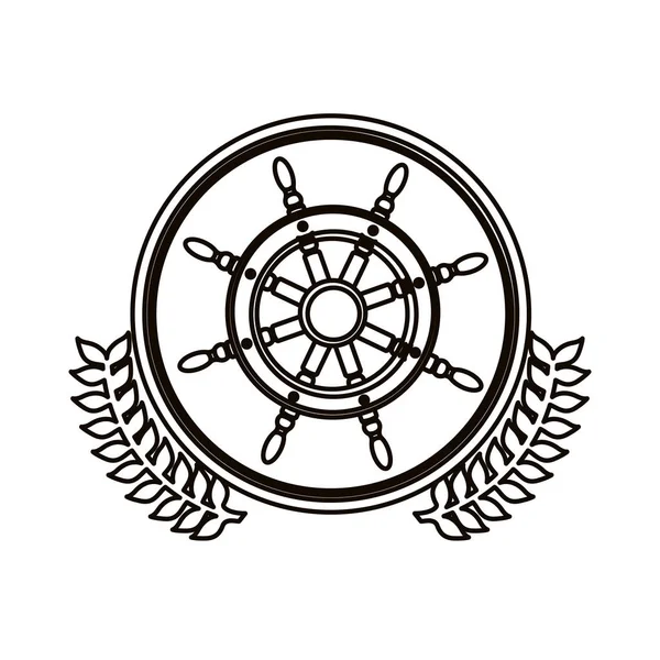 Czarny kontur koło z ozdobny gałązką Oliwną i steru łódź — Wektor stockowy
