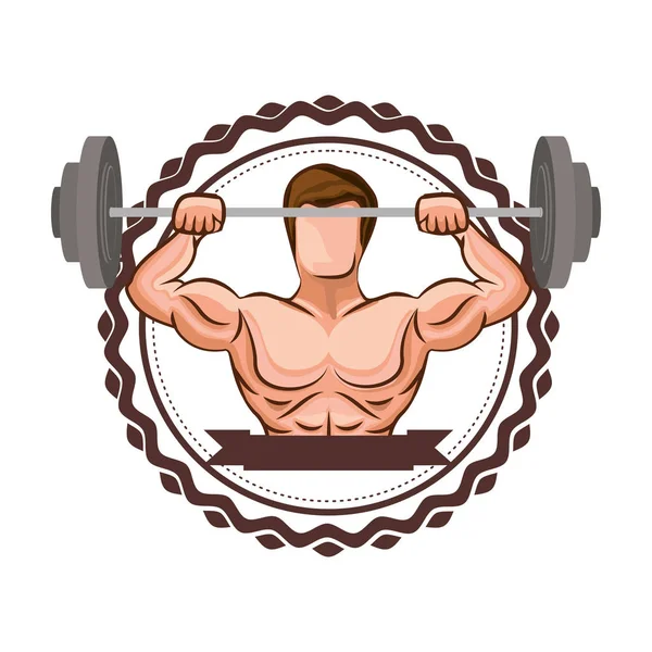 Borde de la etiqueta engomada con el hombre muscular levantar un peso de disco y etiqueta — Vector de stock