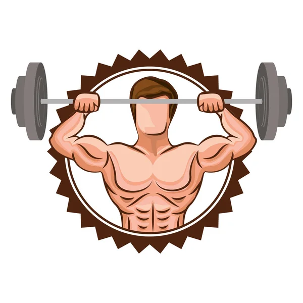 Bordo timbro colorato con uomo muscolare sollevamento pesi del disco — Vettoriale Stock