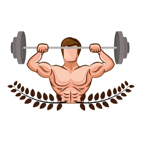 Ornament leaves with muscle man lifting a disc weights — Stock Vector