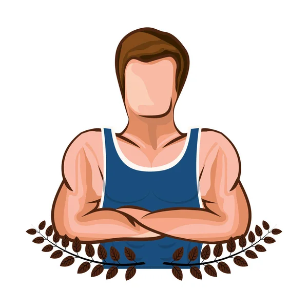 Koronę liści z pół człowiek mięśni ciała ze skrzyżowanymi ramionami — Wektor stockowy