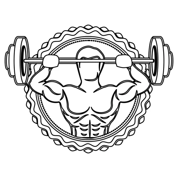 Sticker border with contour muscle man lifting a disc weights — Stock Vector