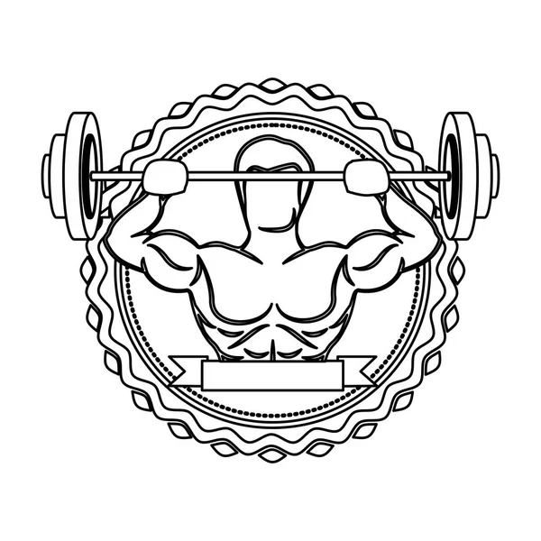 Контур наклейки границы с человеком мышцы поднимая вес диска и этикетку — стоковый вектор