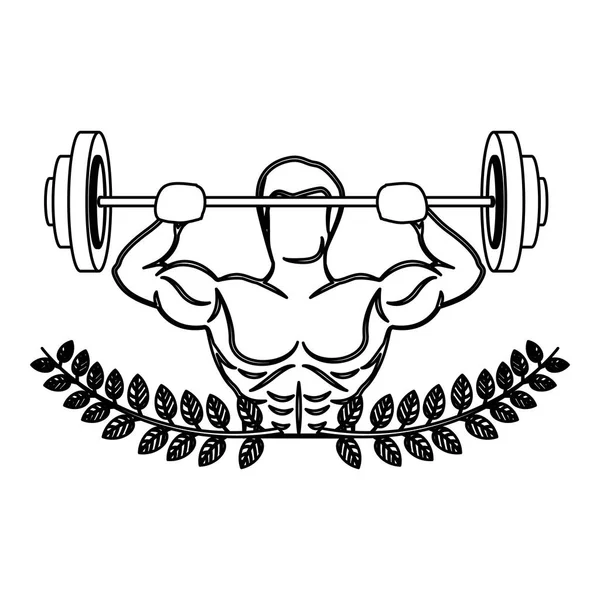 Contour ornament leaves with muscle man lifting a disc weights — Stock Vector