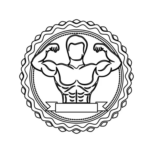 半身筋肉マンとラベルの輪郭のスタンプ — ストックベクタ