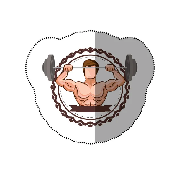 Bordo adesivo colorato con l'uomo muscolare sollevamento pesi del disco ed etichetta — Vettoriale Stock