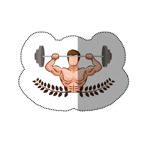 Adorno pegatina hojas con el hombre muscular levantando un peso de disco — Vector de stock