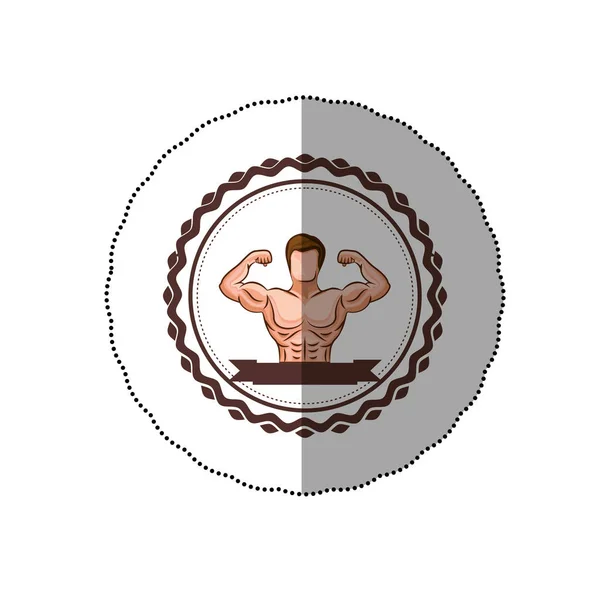 Klistermärke färgglada gränsen med halva kroppen muskel man och etikett — Stock vektor