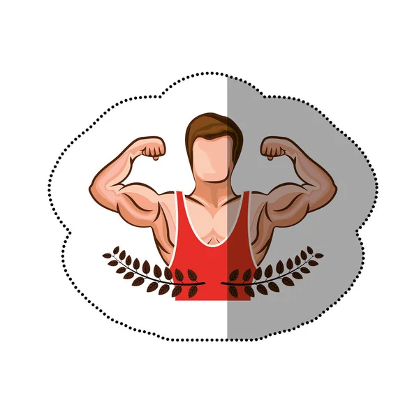 Autocollant couronne feuilles avec demi corps muscle homme avec chemise sans manches — Image vectorielle