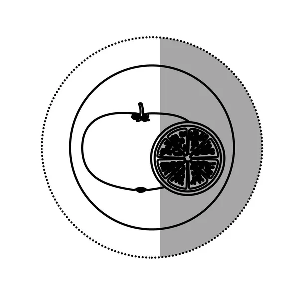 Autocollant silhouette forme circulaire avec des fruits à la mandarine et tranche — Image vectorielle