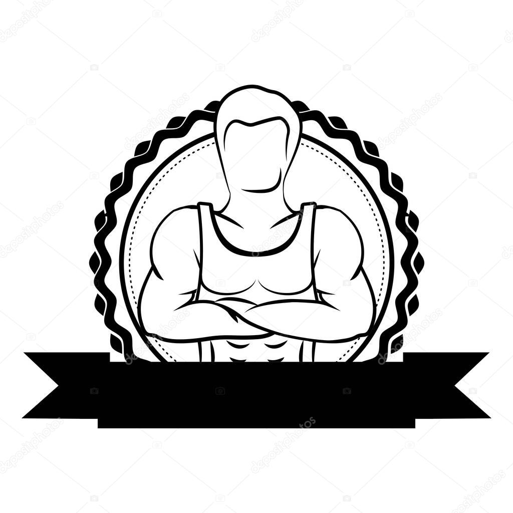 black sticker border with muscle man crossed arms and label