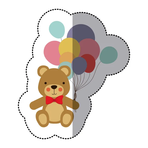 Pegatina de sombra central colorido con oso de peluche y globos — Vector de stock