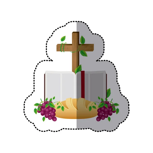 Middelste schaduw sticker kleurrijke met Heilige Bijbel open met Kruis en brood en druiven — Stockvector