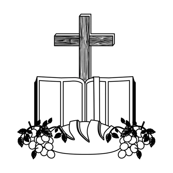 Contorno monocromo con la sagrada Biblia abierta con cruz y pan y uvas — Vector de stock