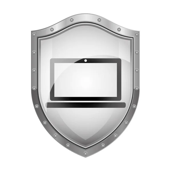 Escudo metálico com tela de laptop com teclado — Vetor de Stock