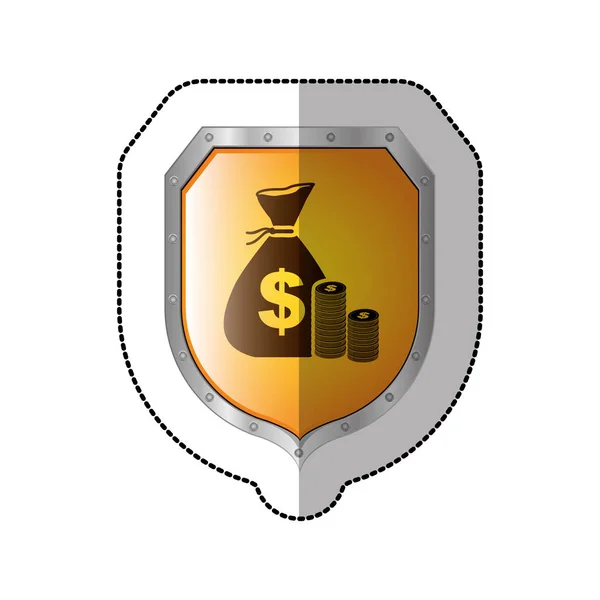 Escudo adesivo com saco com símbolo de dólar e moedas empilhadas — Vetor de Stock