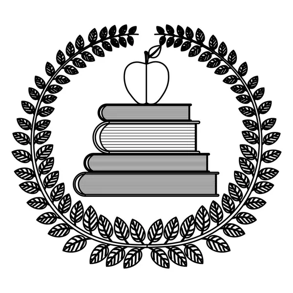 Silhueta coroa de folhas com livros escolares com maçã —  Vetores de Stock