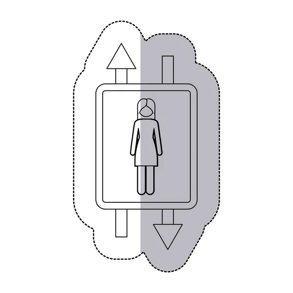 Middelste schaduw monochroom sticker met dubbele teken pijl met vrouw met lang haar — Stockvector