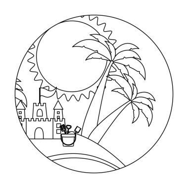 siluet arka plan Plajı kum kale ve kova ile dairesel şekil