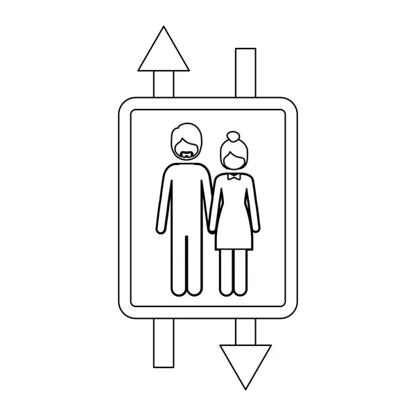 Monochromatický obrys s dvojí znaménko šipka s muže s vousem a žena s sebrané vlasy — Stockový vektor