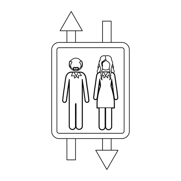 Monochroom contour met dubbele teken pijl met kale man met baard en vrouw met lang haar — Stockvector