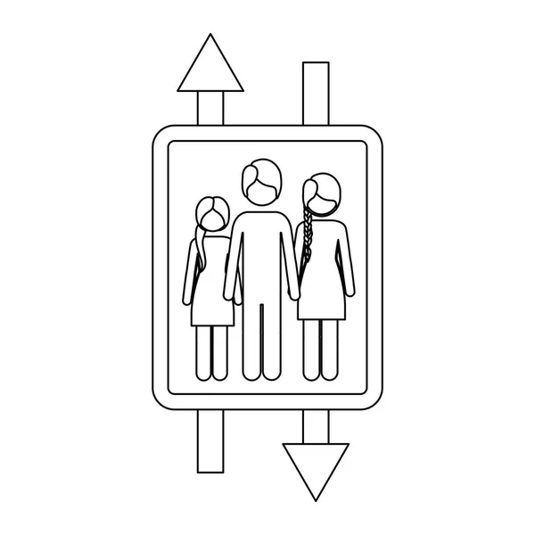 Monochroom contour met dubbele teken pijl met man en vrouw met gevlochten haren en het meisje — Stockvector