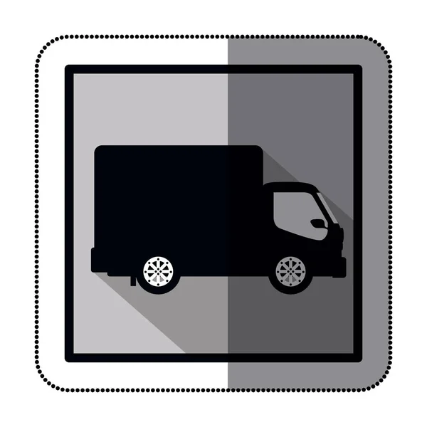 Camión de transporte de silueta de etiqueta engomada con carro y ruedas — Vector de stock