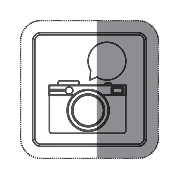 Forma quadrata adesivo silhouette con fotocamera fotografica con finestra di dialogo — Vettoriale Stock