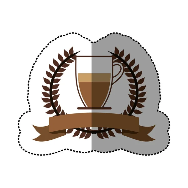Sticker kleur silhouet met de olijfkrans met lint en glazen pot koffie met handvat — Stockvector