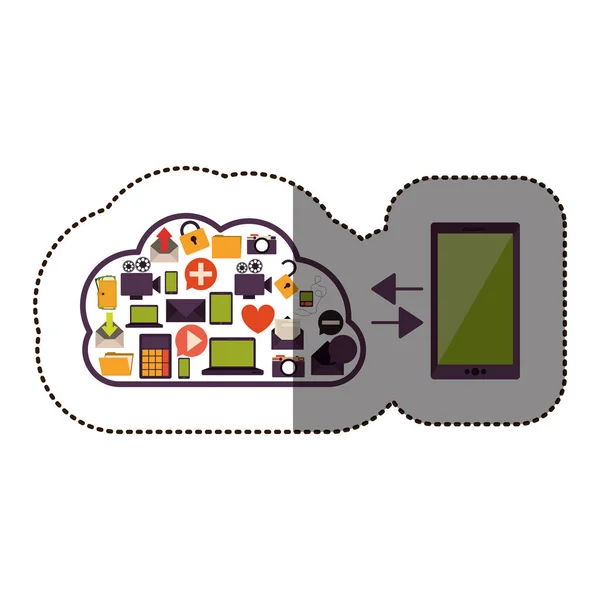 Etiqueta de cor com serviço de nuvem com conjunto de aplicativos e telefone celular — Vetor de Stock